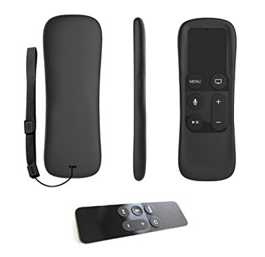 Non-Slip Grip Remote Protective Silicone Cover Case and Secure Gaming Remote Loop, Strap for Apple TV 4 Siri Remote Controller (Apple-TV-Remote Case Black)