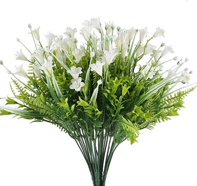 Fake Flowers XYXCMOR 4pc Plastic Flowers Artificial Greenery Morning Glory Shrubs Faux Floral Wedding Bouquet Fern Leaf Home Balcony Desktop Pot Decoration White/Green Bud