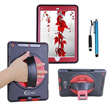 Cellular360 Apple iPad 9.7 2018 / 2017, iPad 5th Gen. iPad 6th Gen. Shockproof Case with a 360 Degree Rotatable Kickstand and a Handle (Black/Red)