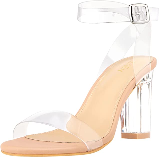 ZriEy chunky heels for women Clear Block Heels strappy platform sandals Ankle Strap Sandals Adjustable Buckle Lucite Chunky High Heel Shoes