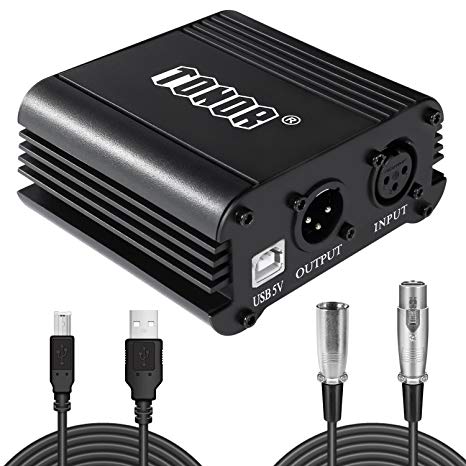 TONOR 48V 1-Channel Phantom Power Supply with 1.46m USB Cable and 2.5m XLR 3 Pin Microphone Cable for Any Condenser Microphone Recording Equipment Studio, Black