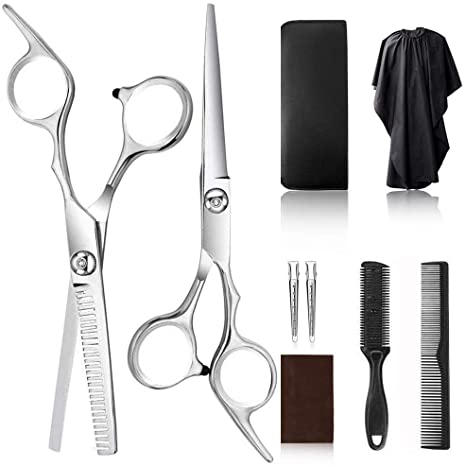 Professional Hair Cutting Scissors Set Stainless Steel Barber Scissors Thinning Shear Hairdressing Scissors kit include Cape Clips Comb Leather Scissors Case for Barber Salon and Home