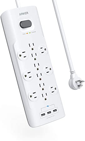 Anker Power Strip Surge Protector, 12 Outlets & 3 USB Ports with Flat Plug, PowerPort Strip With 8ft Extension Cord, PowerIQ for iPhone XS/XS Max/XR/X, Galaxy, for Home, Office, and More (4000 Joules)