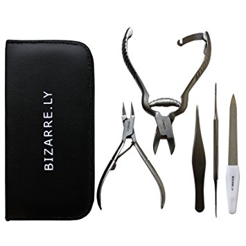 MASSIVE BIZARRE.LY Professional 5 Piece Ingrown TOENAIL KIT - Pedicure Tools to EASILY FIX and PREVENT Sore, Painful Nails - FILE, LIFTER, 2X CLIPPERS, PRECISION TWEEZERS - With PORTABLE LEATHER POUCH