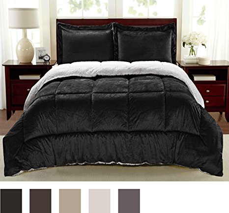 Cathay Home Fashions Reversible Faux Fur and Sherpa 3 Piece Comforter Set, King, Black