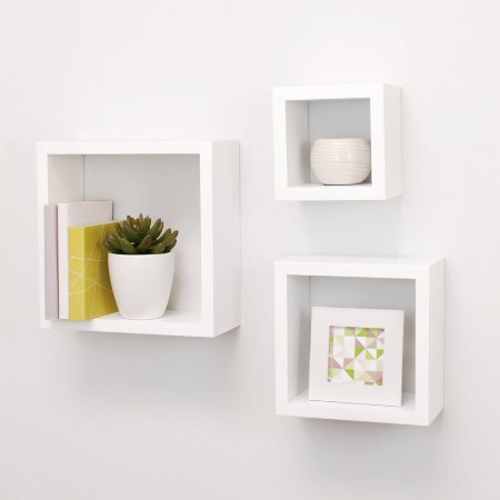 nexxt Cubbi Contemporary Floating Wall Shelves, 5 by 5 Inch , 7 by 7 Inch , 9 by 9 Inch , White, Set of 3