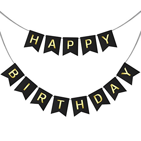 Happy Birthday Swallowtail Bunting Banner for Party Decoration, Black Background & Gold Foiled Letters, Classy Luxurious Decorations by AHAYA