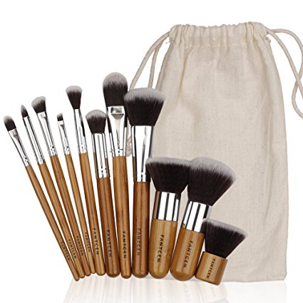 FANTCEN Makeup Brush Set Vintage Makeup Set Soft Set of 11 Bamboo Handle Pro Foundation Kit with Gunny Bag Travel Accessory