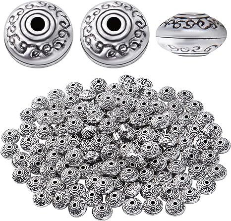 120pcs Antique Silver Bicone Spacer Beads Alloy Tibetan Spacers Saucer Beads Loose Beads Spacer Charm Beads for DIY Bracelet Jewelry Making and Crafting