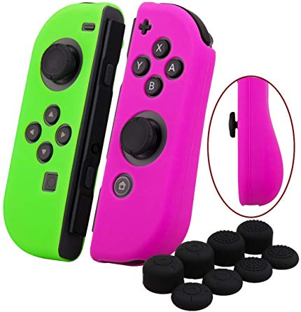 YoRHa Hand grip Silicone Cover Skin Case x 2 for Switch/NS/NX Joy-Con controller (dark pink green) With Joy-Con thumb grips x 8