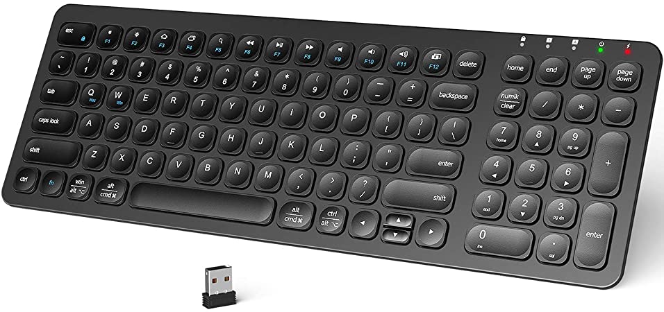 iClever GKA2-02B Wireless Keyboard - Rechargeable Wireless Keyboard with Number Pad, Ergonomic Design Full Size 2.4G Reliable Connection Slim Wireless Keyboard for Mac OS and Windows, Black
