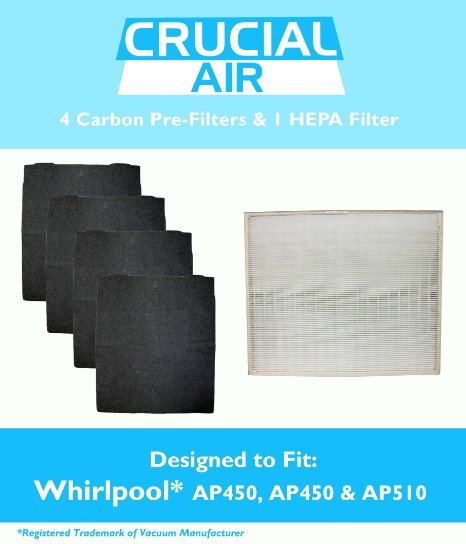 Crucial Air HEPA Air Purifier Filter & 4 Odor Neutralizing Carbon Pre Filters, Fits Whirlpool Whispure Air Purifier Models AP350, AP450, AP45030K, AP510, AP51030K, Compare to Filter Part # 8171434K, 1183054, 1183054K, 1183054K Large, 1183054K Grand Format, Designed & Engineered by Crucial Air