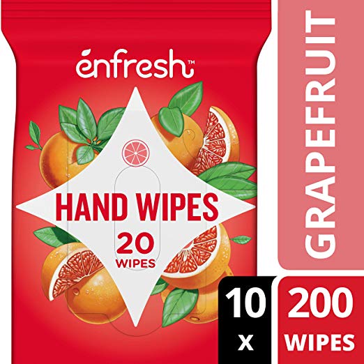 Enfresh Refreshing Grapefruit Naturally Derived Hand Wipes - Wipes Away 99.9% of Germs - 20 Count (Pack of 10, 200 Wet Wipes)