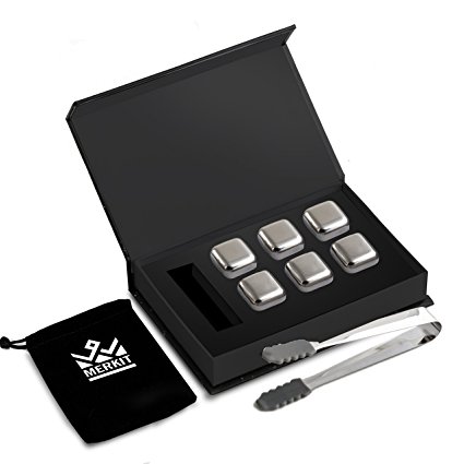 MERKIT Stainless Steel Whiskey Stones - Chilling Cubes and Wine Chillers - Set of 6 Sipping Rocks for Whiskey or Wine - Rubber End Tongs - Premium gift set