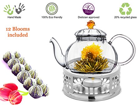 Glass Teapot with Tea Warmer Lead Free Special Glass No Drip by Tea Beyond (Glass, 20 oz Amber English Breakfast 12cts)