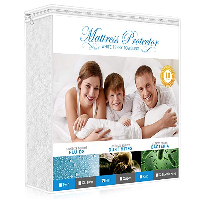 Adoric Mattress Protector, Premium Waterproof Mattress Cover Cotton Terry Surface-Vinyl Free (White, Queen)