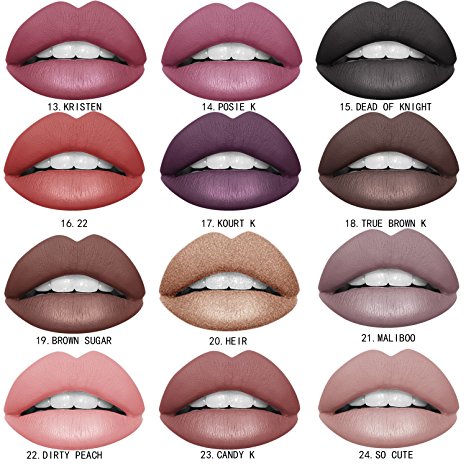 Ownest 24 Colors Waterproof Long Lasting Matte Liquid Lipstick Beauty Lip Gloss set 12pcs