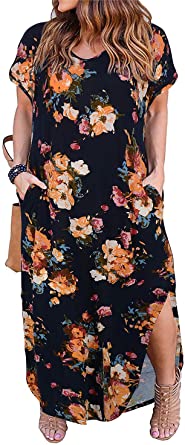 Nemidor Women's Casual Loose Pocket Long Dress Short Sleeve Plus Size Slit Maxi Dress