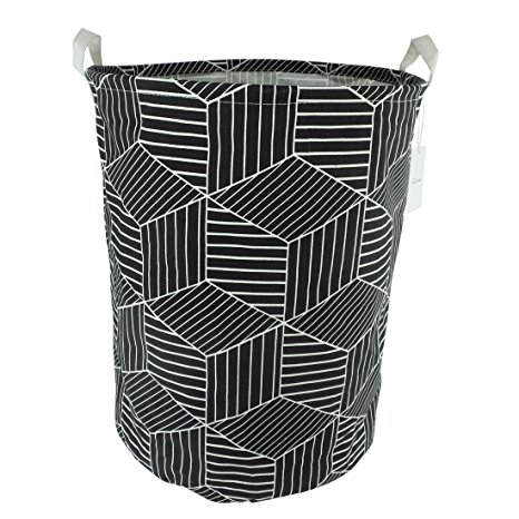 19.7" Large Sized Waterproof Coating Ramie Cotton Fabric Folding Laundry Hamper Bucket Cylindric Burlap Canvas Storage Basket with Stylish Geometry Design (Black)