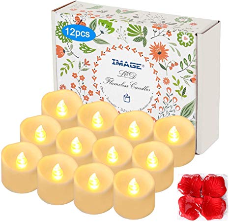 IMAGE Battery Tea Lights with Timer Flickering Candles,12PCS 6hrs on and 18hrs Off in 24 Hours Cycle Automatically Timing LED Candles Lights with 100 PCS Decorative Fake Rose Petals-Warm White