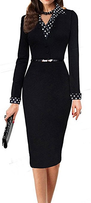 LUNAJANY Women's Black Polka Dot Long Sleeve Wear to Work Office Pencil Dress