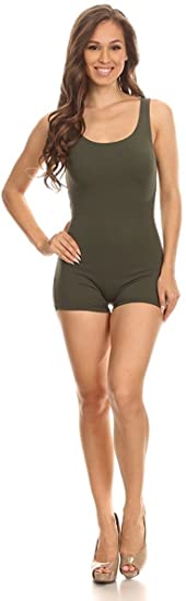 Women's Sleeveless Stretch Cotton Jersey Sexy slim Fit Basic Shorts Bodysuits Olive Small