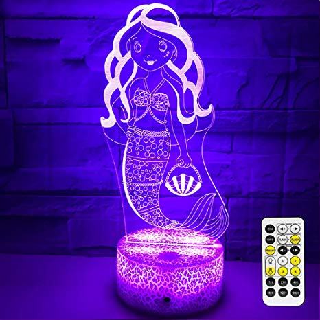 eTongtop Night Lights for Kids 3D Mermaid Night Lamps 7 Colors Changeable nightlight with Timer& Remote Control as Gifts for Girls Women