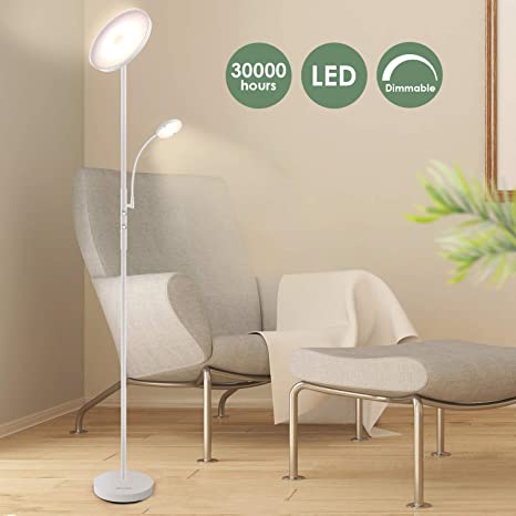 Albrillo Modern Floor Lamp - 20W Sky LED Torchiere and Flexible 5W Reading Light, Full Range Dimmable Standing Lamp, 1600   500Lumens, 3000K Warm White for Living Room, Bedroom, Office, White