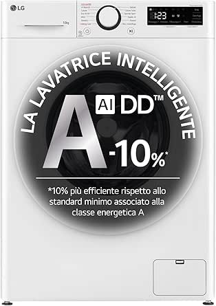 LG AI DD F4R3010NSWW Lavatrice Classe A -10%, Carica Frontale Serie R3, Lavatrice 10kg, 1400 giri, AIWash, Lavaggio a vapore, Motore Direct Drive, Smart Diagnosis, Libera installazione, Bianca