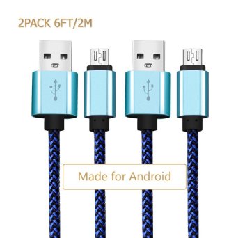 Micro USB Cable,[2-Pack] 6ft/2m Premium Durable Nylon Braided Tangle-free High Speed Data Sync Charger cord with Aluminum Heads for Android Samsung HTC Motorola LG Sony Blackberry and More (blue)