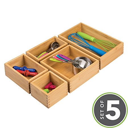 mDesign Bamboo Kitchen Drawer Organizers for Cutlery, Knives, Forks, Spoons, Utensils, Gadgets – Set of 5, Natural Light Wood Finish