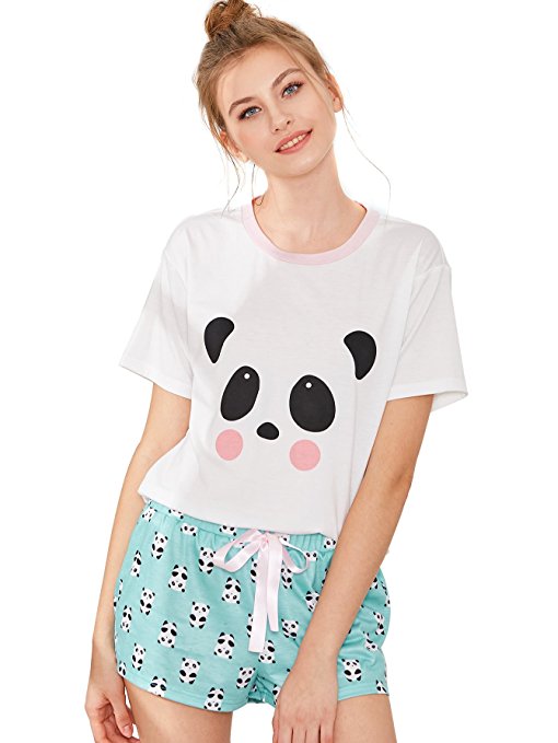 DIDK Women's Cute Cartoon Print Tee and Shorts Pajama Set