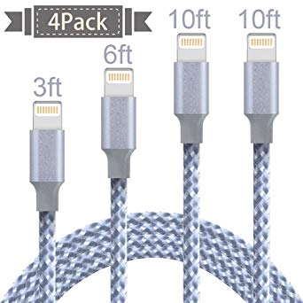 Lightning Cable,AOFU Charger Cables 4Pack 3FT 6FT 2x10FT to USB Syncing and Charging Cable Data Nylon Braided Cord Charger for iPhone X/8Plus/8/7/7Plus/6/6Plus/6s/6s Plus/5/5s/5c/SE and more-GrayWhite