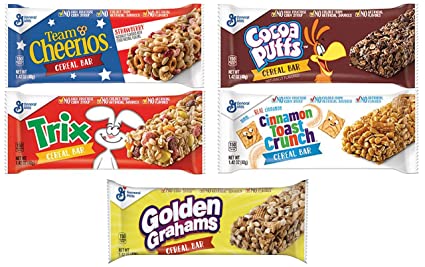 Cereal Bar Variety Pack, Team Cheerios, Trix, Cocoa Puffs, Cinnamon Toast Crunch, and Golden Grahams, Four 1.42 oz Bars of Each (20 Bars Total) - with Two Make Your Day Lollipops