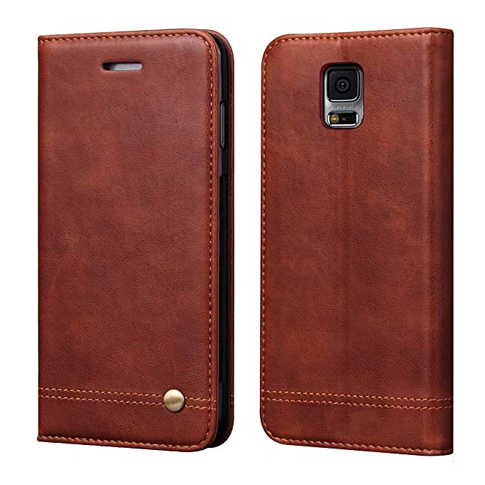Galaxy S5 Case,RUIHUI Classic Leather Wallet Book Style Folding Flip Protective Shock Resistant Case Cover with Card Slots,Kickstand Magnetic Closure for Samsung Galaxy S5 (Brown)
