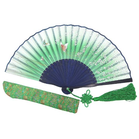 Wise Bird Chinese Japanese Folding Hand Fan for women, Summer Cooling Accessories Vintage Retro Style 8" Bamboo Wood Silk Pocket Purse Fan for Wedding Dancing Home Wall Decor with Pouches/tassel-f082
