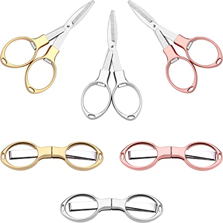 6 Pieces Stainless Steel Scissors Anti-Rust Folding Scissors Glasses-Shaped Mini Shear for Home and Travel Use (3 Colors)