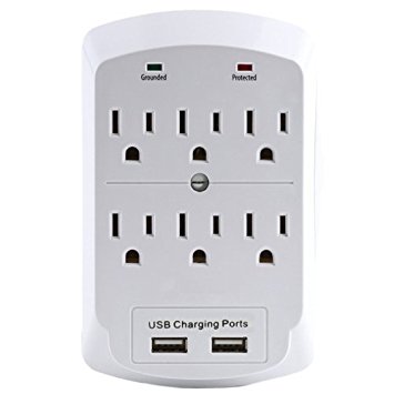 Wideskall 6 Outlet Surge Protector Wall Tap ETL Certified with Dual USB Char...