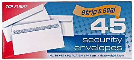 Top Flight Number 10 Boxed Security Envelopes, Strip and Seal Closure, 4 1/8 x 9 1/2 Inches, White, 45 Envelopes per Box (6900120)