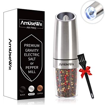 Gravity Electric Pepper Grinder or Salt Grinder Mill【2019 Newest】- Battery Operated Automatic Pepper Mill with White Light, One Handed Operation, Adjustable Coarseness, Stainless Steel by AmuseWit