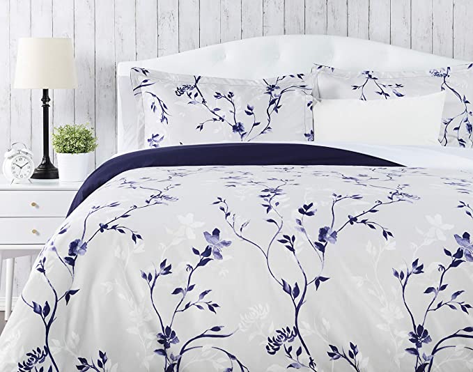 Chanasya Ultra Soft Floral Print 3-Piece Bedding Duvet Cover Set Queen - Luxurious Brushed Microfiber Comforter Cover - Zipper Closure Reversible Print (1 Duvet Cover & 2 Pillowcases) Navy Purple