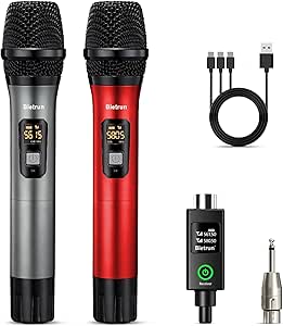 Bietrun XLR Wireless Microphone, UHF Dual Handheld Dynamic Metal Mic Set with XLR Rechargeable Receiver, XLR to 1/4'' Adapter, for Karaoke, Church, Wedding, Party Singing(160 ft Range)(Auto Connect)