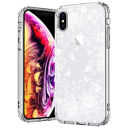 MOSNOVO Case for iPhone Xs/iPhone X, White Roses Garden Floral Printed Flower Clear Design Plastic Back Hard Case with Soft TPU Bumper Protective Case Cover for iPhone X/iPhone Xs