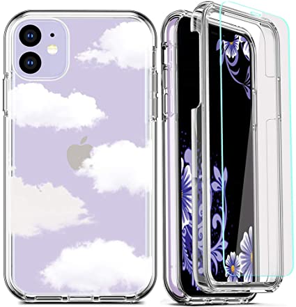 DecaStars for iPhone 11 Case, Clear Phone Case with [2 x Tempered Glass Screen Protector] Shockproof 360 Full Coverage Hard PC Soft Silicone TPU 3in1 Military Standard Protective Cover #9 Clear Clouds