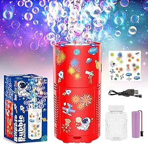 PANACARE Bubble Machine for Kids Fireworks Bubble Blower 10000  Bubble per Min/Lights/DIY Stickers/rechargeable battery/80ml solution Automatic Bubble Toy for Kids Summer Outdoor Party Wedding