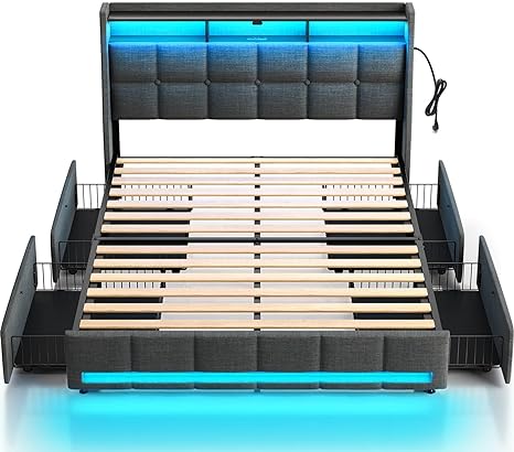 Rolanstar Full Bed Frame with 4 Storage Drawers, Charging Station and LED Lights, Upholstered Platform Bed Storage Headboard, Heavy Duty Wooden Slats, No Box Spring Needed, Noise Free, Easy Assembly