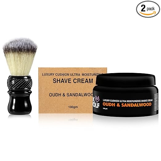 Pink Woolf Starter Shaving Kit for Men (COMBO) | Luxury Shaving Cream for Men & Soft Shaving Brush (Tuxedo Black Handle) 24mm Knot | Vegan Friendly | OUDH & SANDALWOOD