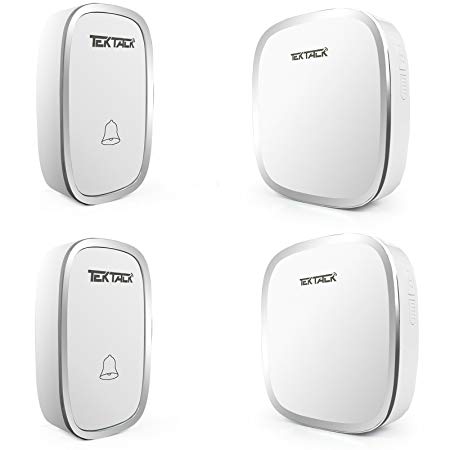 Tektalk Portable Wireless Doorbell Kit/ Metallic Edge Decored Door Bell / Waterproof Push Button with 36 Chime Tones and 4 Adjustable Volume (2 Transmitters & 2 Receivers) – White