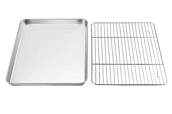 Baking Sheet with Rack Set, E-Far Pure Stainless Steel Cookie Sheet Baking Tray Pan with Wire Rack, 12.5 x 10 x 1 inch, Non Toxic & Healthy, Anti Rust & Mirror Polish - Dishwasher Safe