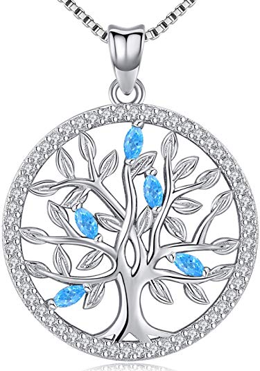 Aniu Birthstone-Necklace for Women, Solid Sterling Silver Family Tree-of-Life-Pendant, Crystal Gemstone Charm Jewelry, Birthday Gift for Mom Wife Girlfriend Grandma